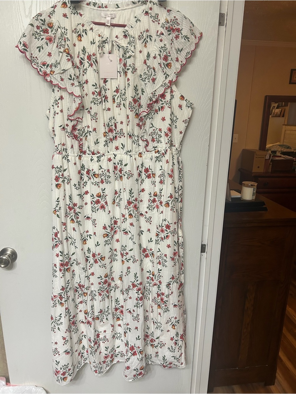 LC Lauren Conrad White Floral Midi Dress with Ruffle Bib and Contrast Trim